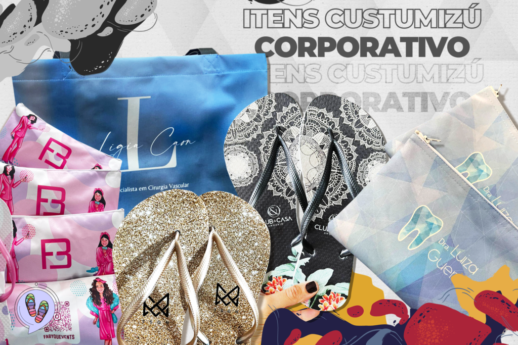 Colagem de fotos dos produtos CustumiZú, chinelos, bolsa quadrada, necessaires box e carteira P. Canto superior direito escrito 