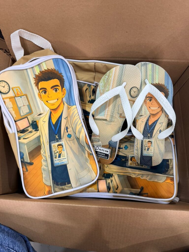 Chinelo personalizado e bolsa personalizada produzidos para formatura